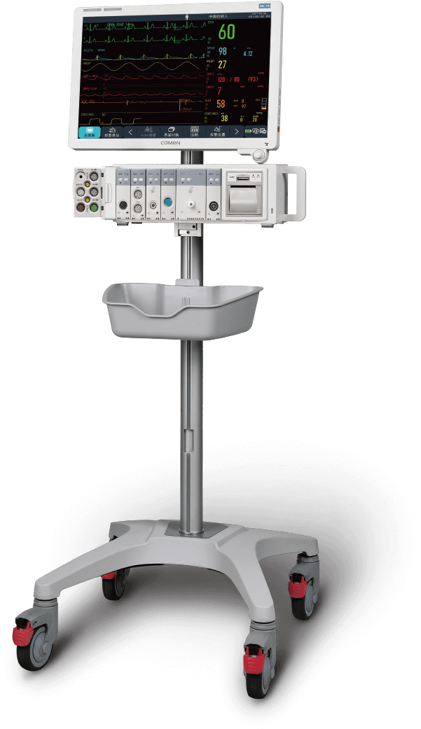 高端臺車，整車簡潔美觀，方便于病房之間監(jiān)護(hù)儀的轉(zhuǎn)運(yùn)移動，節(jié)省護(hù)士體力和設(shè)備安全?？膳涫髽?biāo)鍵盤，方便醫(yī)護(hù)人員操作。